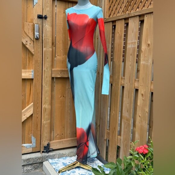 🆕 RAT & BOA 🧿 NWOT Santino Sheer Long Sleeve Dress, Blue with Red Tulip Sz XXS - Picture 10 of 16